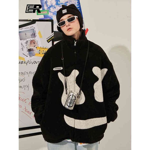 

er smiling face stitched lamb plush coat men's autumn and winter couple's national fashion stand collar cotton sweater, Black
