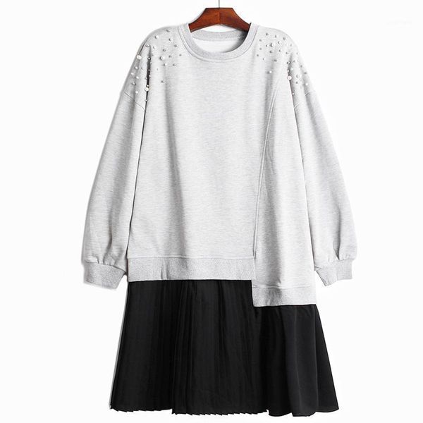 

women gray nailed pleated big size dress round neck long sleeve loose fit fashion tide spring autumn 2021 1dc843 casual dresses, Black;gray