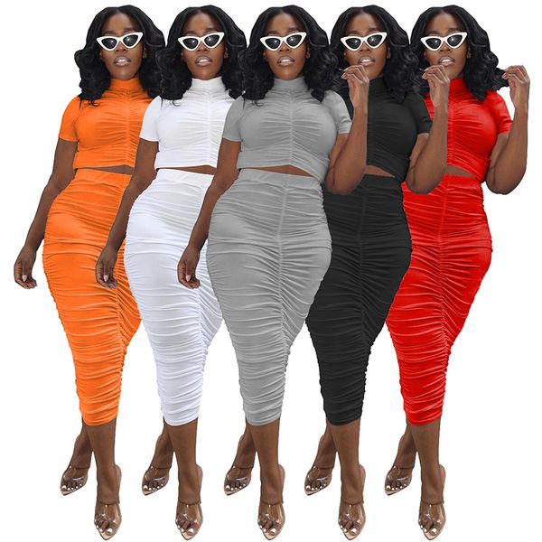 

summer fashion two-piece casual womens dress short sleeve hip wrap skirts high elastic pleated strapless skirt suit, Black;gray