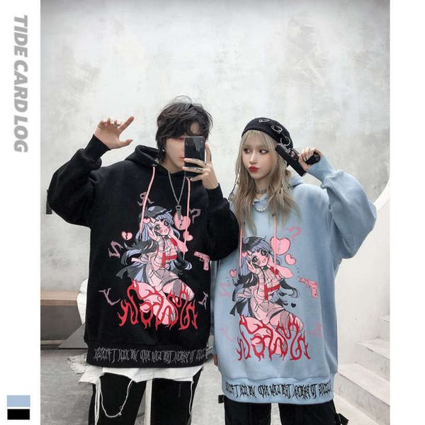 

autumn and winter new product two dimensional lovely girl embroidery printing cartoon loose plush ins hip hop tide hooded top, Black