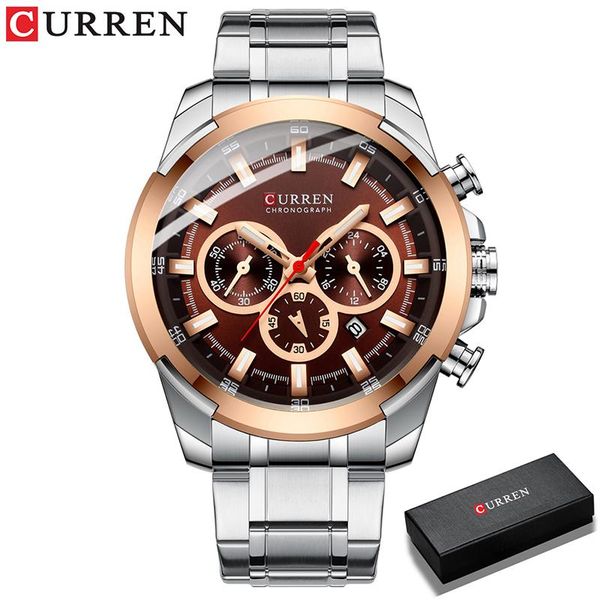 

wristwatches curren luxury men auto date wristwatch stainless steel waterproof watch brand sapphire glass watches reloj hombre, Slivery;brown