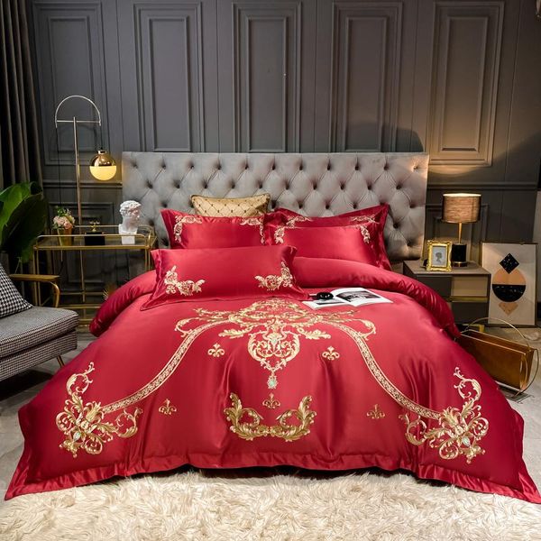 

2021 luxury gold royal embroidery 600tc satin silk cotton european wedding bedding set duvet cover flat/fitted sheet pillowcases