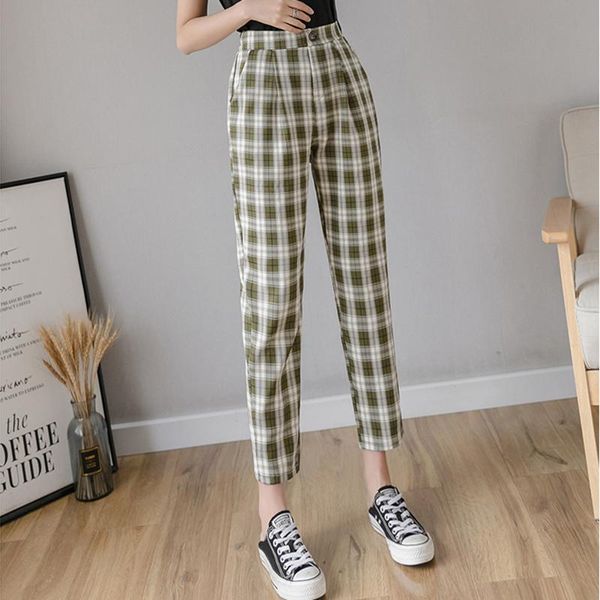 

women's pants & capris houzhou cotton linen women plaid korean checkered oversize style plus size fashion trousers, Black;white