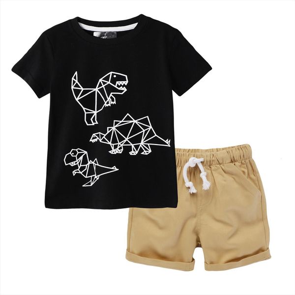 

boys short sleeved shorts set fashion dinosaur round neck and solid color pants, White
