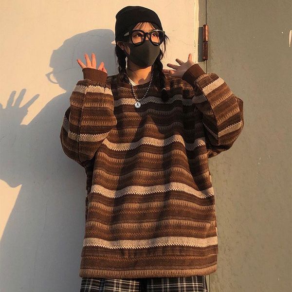 

pullovers women oversize ulzzang bf couples japanese striped knit sweater hip hop female new winter fashion retro daily 210218, White;black