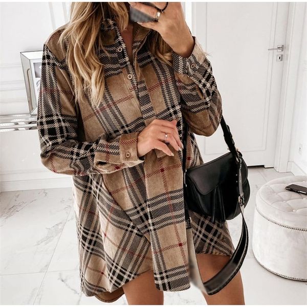 Vestito da camicia da donna estivo Plaid Oversize Abiti corti da donna Irregolare Bottone a quadri a maniche lunghe Allentato Casual Vestido femminile 210303