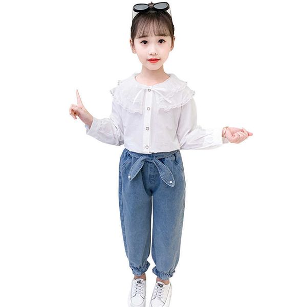 

girls clothes blouse + jeans suit for teenage pearls children's school 210528, White