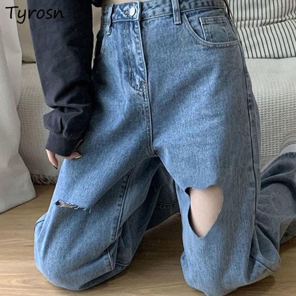 

women's jeans heart shape holes ripped wide leg women high waist streetwear ulzzang vintage all-match harajuku denim trousers fashion, Blue
