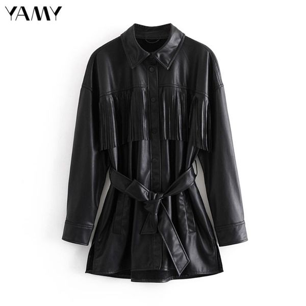 

women's leather & faux women pu jacket coat vintage solid lace up long sleeve lapel overcoat female autumn tassel black outerwear
