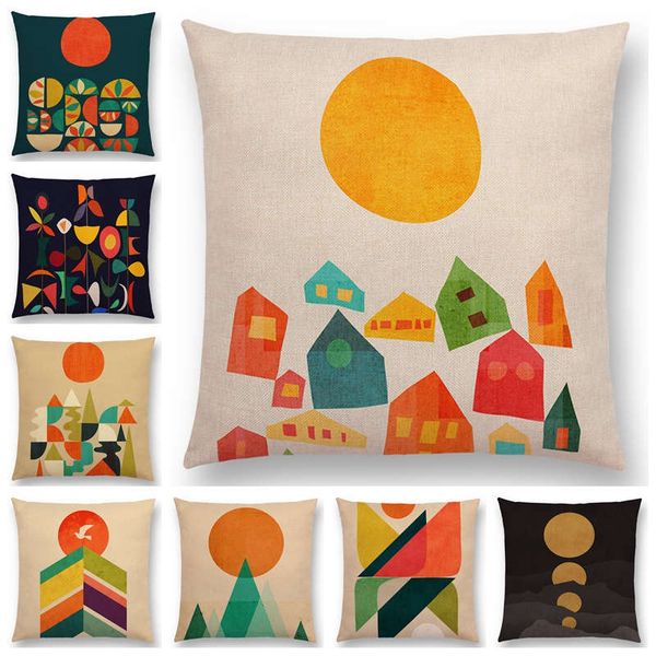 

great sun moon cushion cover colorful mountain gold peaks rivers geometric abstract pattern colorful retro pillow case