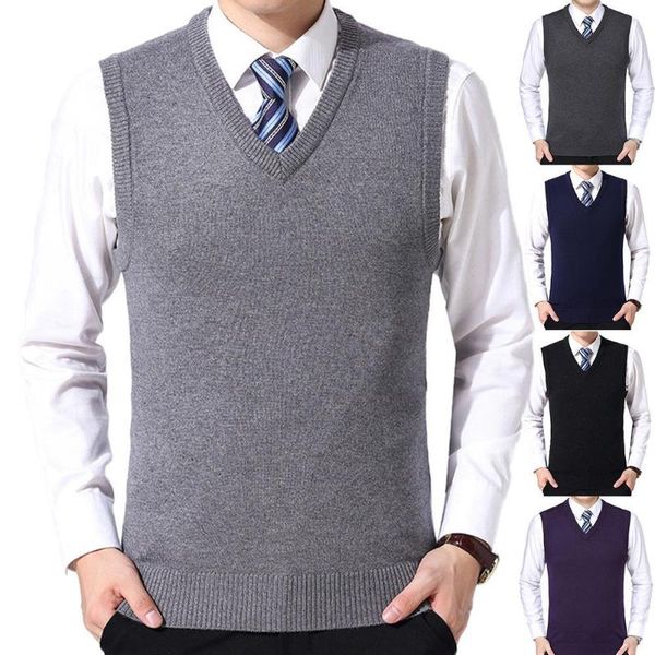 

men's vests men casual winter solid color v neck sleeveless knitted woolen plus size vest pullover slim waistcoat, Black;white