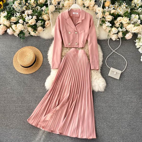 

singrain autumn fashion elegant womens tracksuits solid set double breasted short high waist pleated long skirt two pieces, Gray