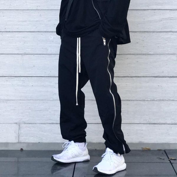 

men's pants dark high street style side pocket zipper split trousers fashion trend locomotive drawstring leisure sports men, Black