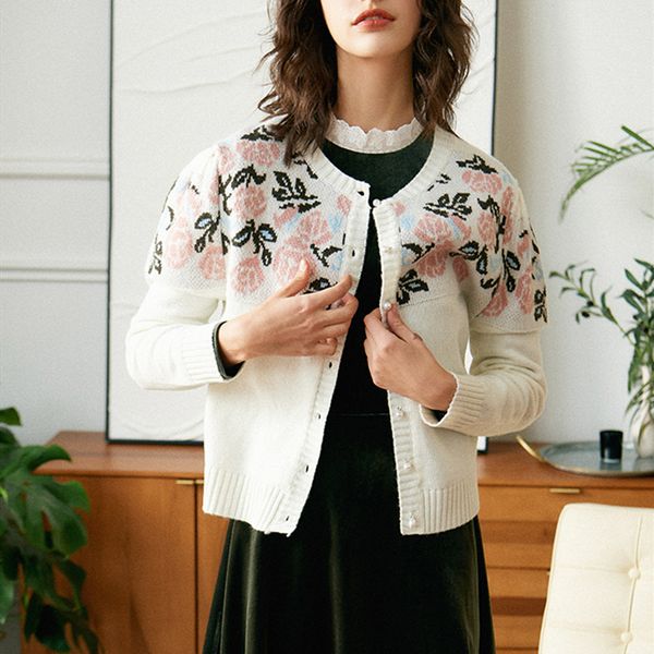 

2021 two colors sweater women o-neck rose flower pattern single breasted retro knit cardigans new x48d, White;black