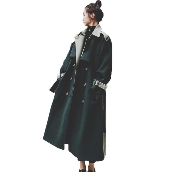 

women's wool & blends fashion stitching dark green woolen coat mid-length 2021 winter jackets loose long female outerwear m856, Black