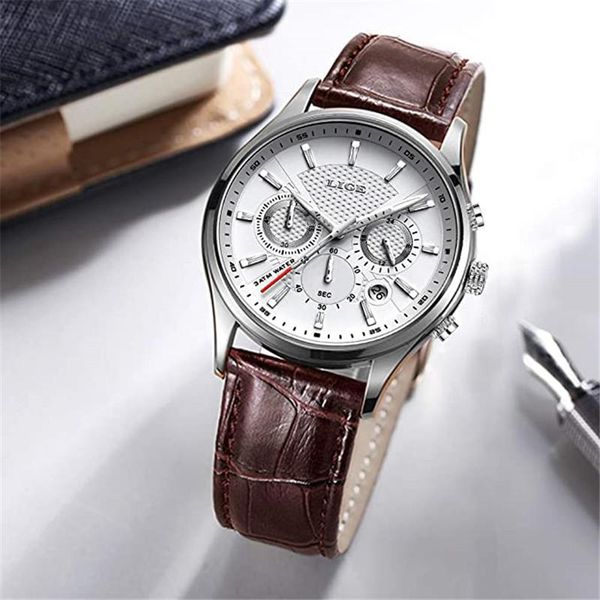 

wristwatches relogio masculino lige 2021 casual leather mens watches brand luuxury blue quartz clock male waterproof sports chronograph, Slivery;brown