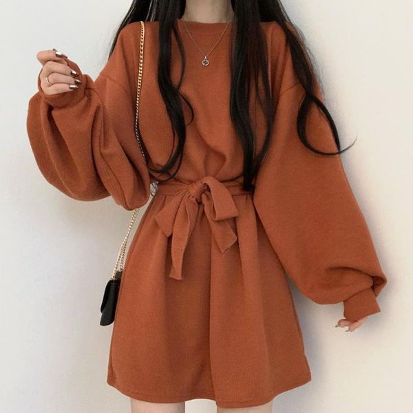 

casual dresses one piece dress korean chic simple orange round neck pullover loose lace up waist small lantern sleeve knitted women, Black;gray