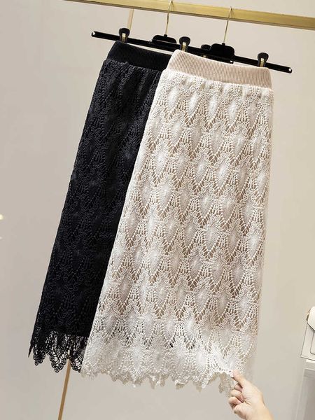 

high waist women knitted skirt spring autumn fashion rib skirt elegant midi female casual skirt pencil elastic band women skirts 210608, Black