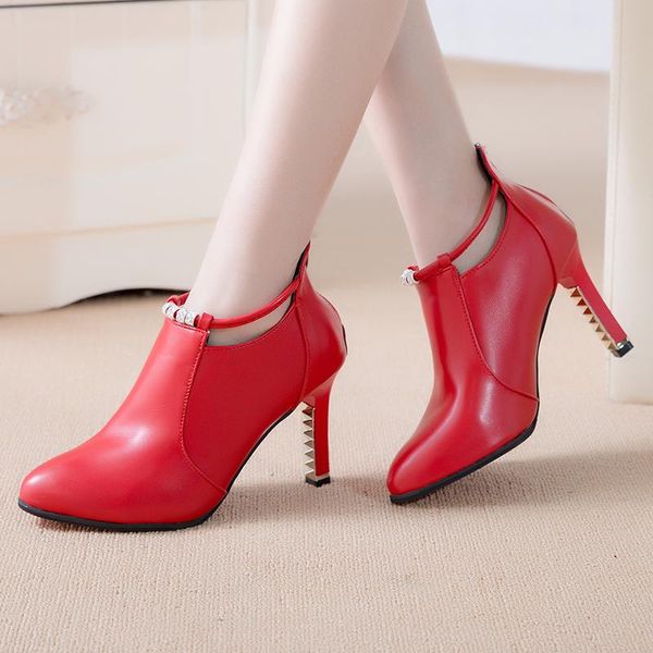 

boots 2021 autumn ankle for women pointed toe high heels short fashion elegant wedding party ladies shoes spring, Black