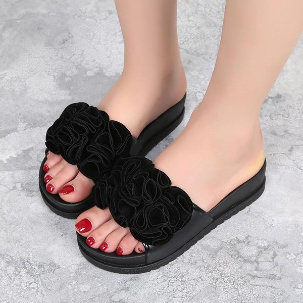 

slippers women's bohemian flower flat summer sandals non-slip beach shoes women flip flops, Black
