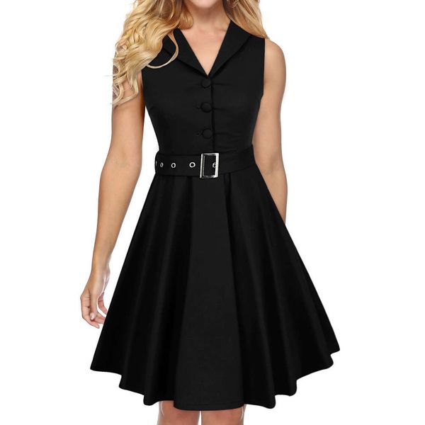 

suit collar sleeveless women's v-neck large swing dress, Black;gray