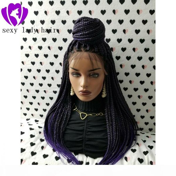 

natural box braided wigs with baby hair dark roots ombre purple hand tied heat resistant synthetic braided lace front wigs for women, Black