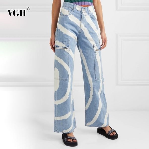 

vgh casual asymmetrical women jeans high waist painted hit color irregular denim wide leg pants for female clothing fashion tide 210302, Blue