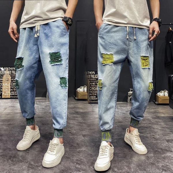 

men's pants jeans loose summer holes harlan trend casual tooling elastic waist overalls clothing trouser, Black