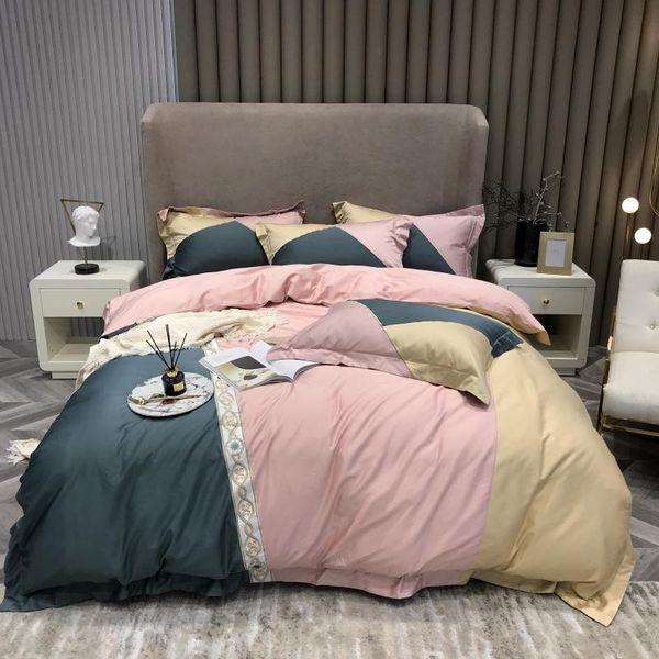 

luxury blue pink yellow stitching embroidery 80s egyptian cotton embroidery bedding set duvet cover flat/fitted sheet pillowcase