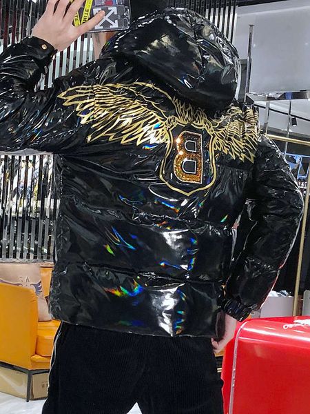 

winter fashion brand men's coat hooded gilded eagle wings embroidered and colorful down jacket trend, Black