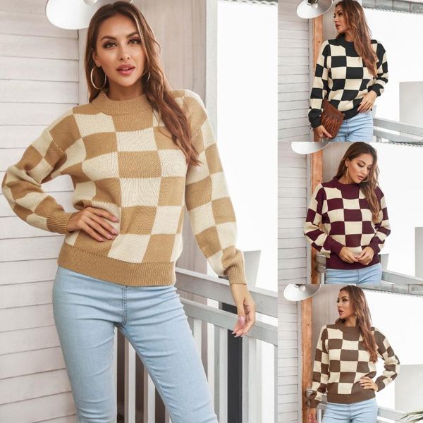 

women's sweaters selling women casual plaid printing sweater fashion arrivals o-neck full sleeve loose knitted shirt ins style, White;black