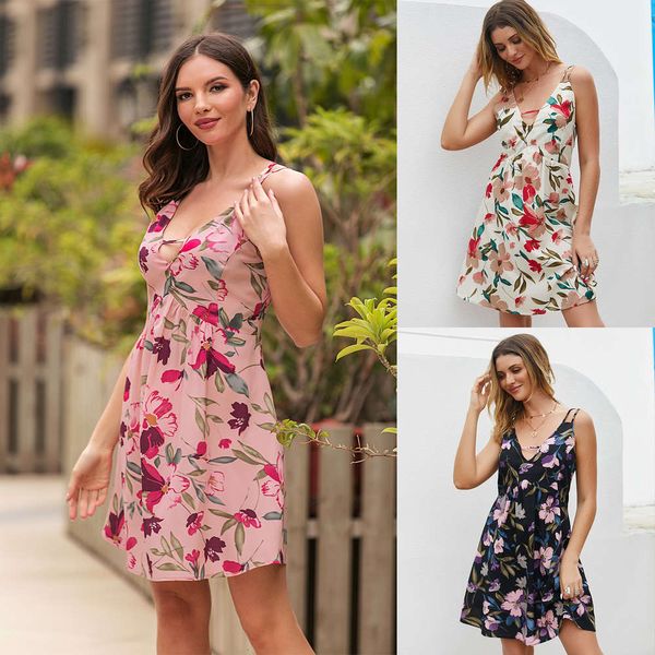 

tie tight suspender print dress 2021 summer new, Gray