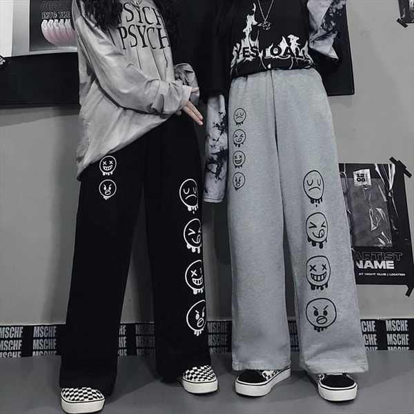 

favour korean style wide leg womens pants winter fashion trousers casual oversize high waist harajuku print straight, Black;white