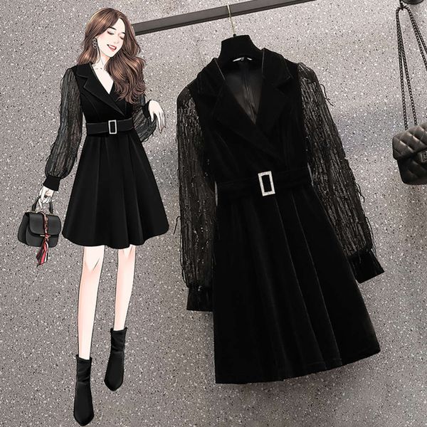 

2021 spring new large women's fat sister temperament velvet dress hepburn wind waist show thin black skirt, Black;gray