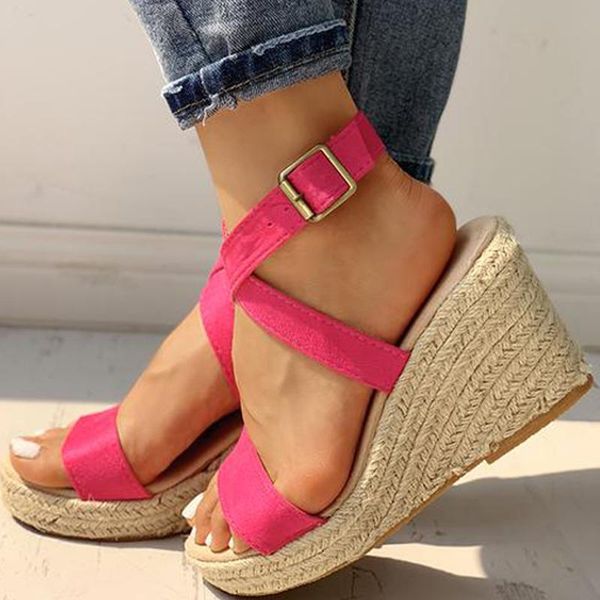 

sandals bonjomarisa retro female platform wedges buckle straw heel thick bottom party dress women summer ins shoes woman, Black