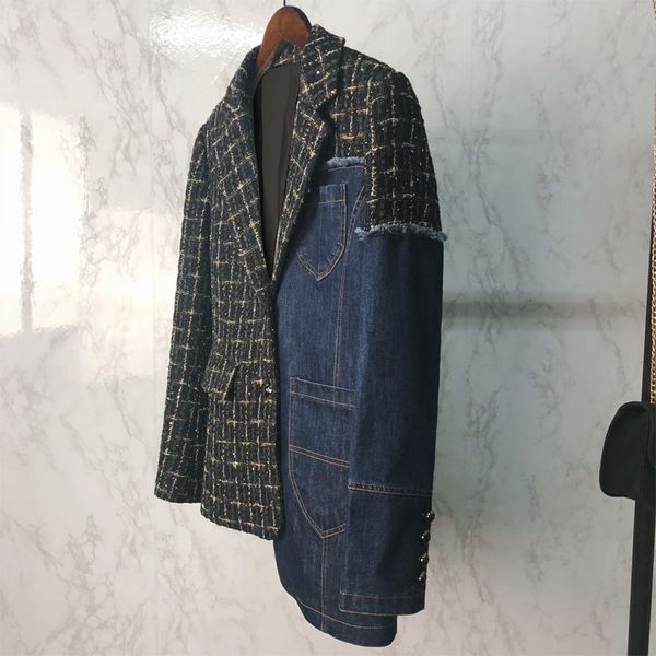 

2021 summer new striped long sleeve notched neck patchwork denim coat loose ladies clothing trend women suit jacket qh2400, Black;brown
