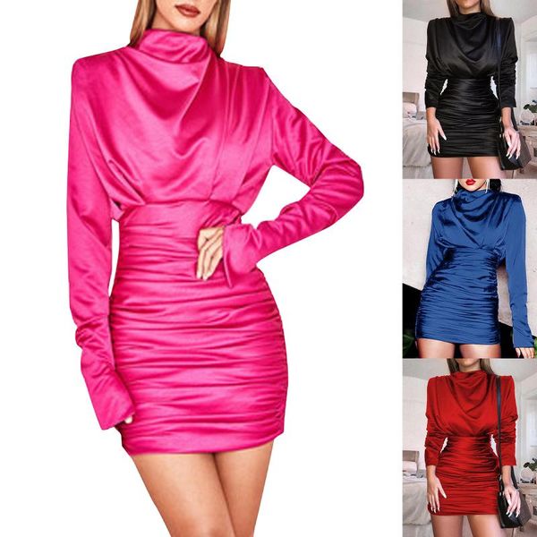 

casual dresses fashion aesthetic and elegant spring women's pleated solid color o-neck tight long sleeve dress vestido, Black;gray