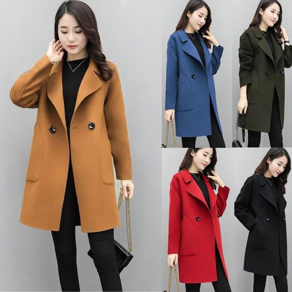 

women korean winter long overcoat outwear coat loose elegant plain wool coats full sleeve office coat womens fashion clothing, Black