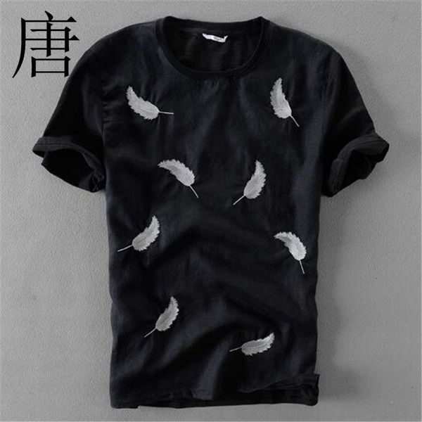 

tang cool linen 2021 new creative embroidery t-shirt summer short sleeve cotton men shirts casual fashion t shirt zeqo, White