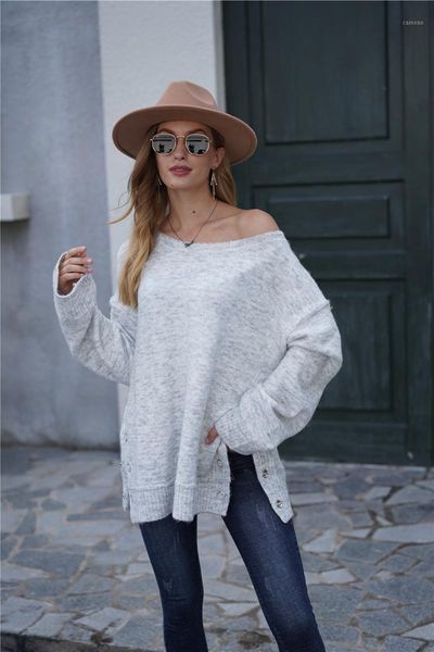 

women's sweaters h80&s90 women long sleeve sweater autumn knitted o-neck casual pullover button split basic knitwear tricot, White;black