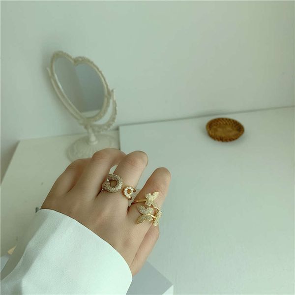 

hbp fashion cold and cool, small crowd, diamond round line, pin, open ring, c-shaped personality, double-layer hollow micro ring, Silver