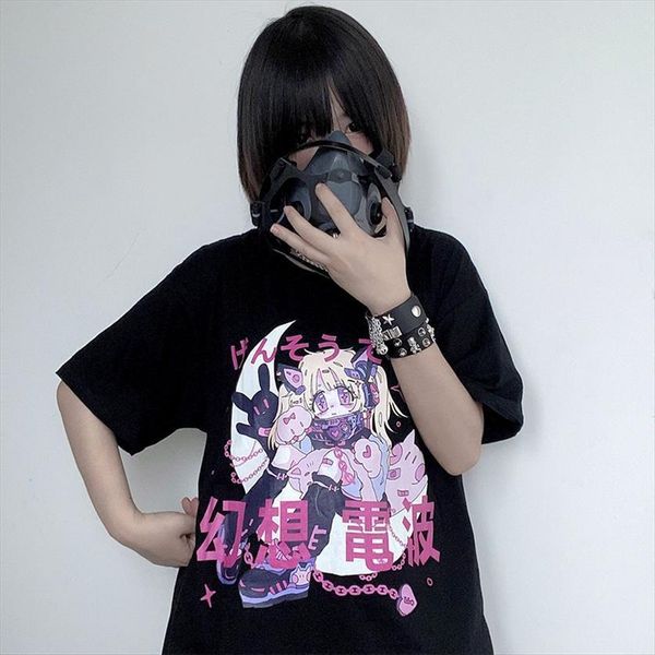 

japan cute sweet girls womens t shirt anime cartoon print fantasy radio kawaii loose casual vintage y2k streetwear fun, White