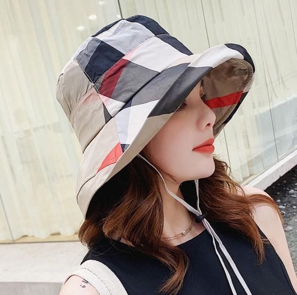 

wide brim hats 2021 plaid fashion bucket hat women summer beach sun floppy flat foldable cotton caps, Blue;gray