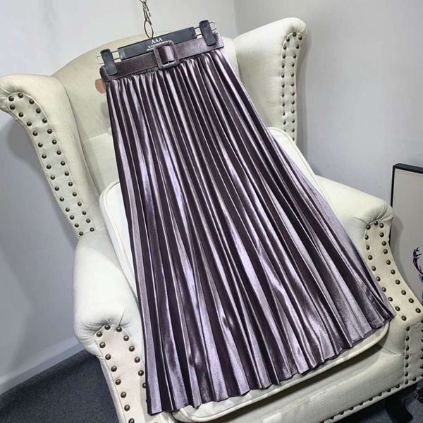 

popular metallic belt autumn velvet and pleated winter pearl gold luster medium length high waist a-line skirt casual hot, White;black
