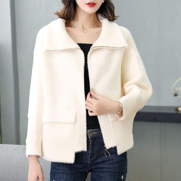 

women's knits & tees women 2021 autumn imitation mink cashmere sweater coat female fashion thin sweaters ladies casual loose knitted ca, White