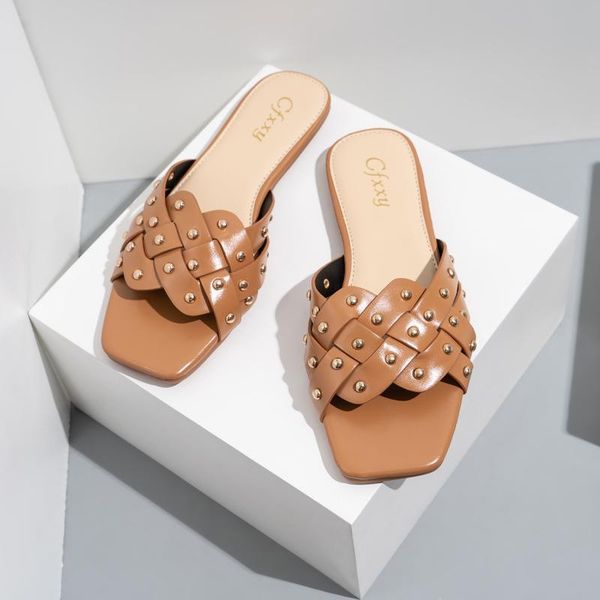 

slippers summer flat fashion leather designer rivet weave open toe luxury women shoes sandals 2021 large size, Black