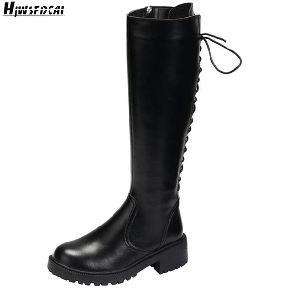 

boots hjwsfdcai women plush fur winter over the knee back tie chunky heel round toe ladies punkÂ motorcycle shoe zapatillas mujer, Black