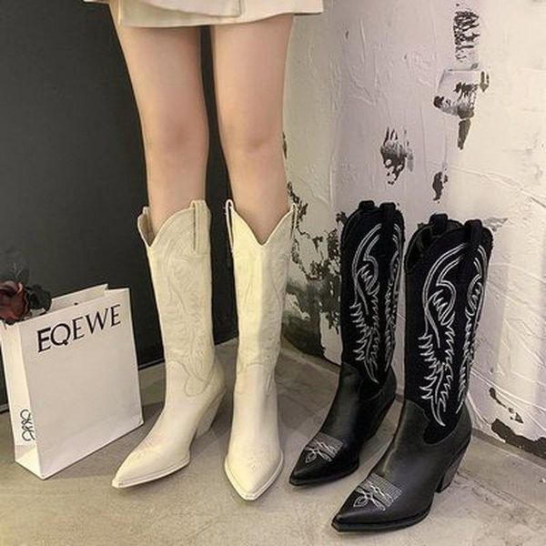 

boots maogu women cowboy pointed toe women's shoes embossing pu leather knee-high chunky wedges platform, Black