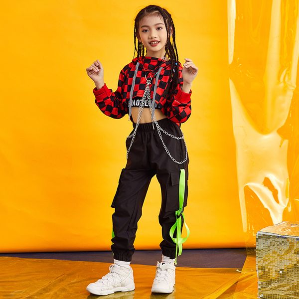 

2021 kids dance costumes for jazz long sleeve pants hip hop clothing girls ballroom stage street dance performance wear, Black;red