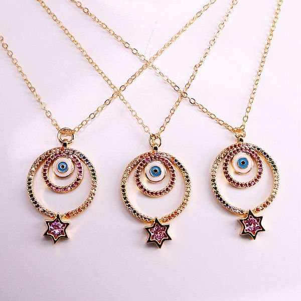 

pendant necklaces 6pcs, cz rainbow round eye necklace stone for woman multicolored pendants fashion link chain jewelry, Silver